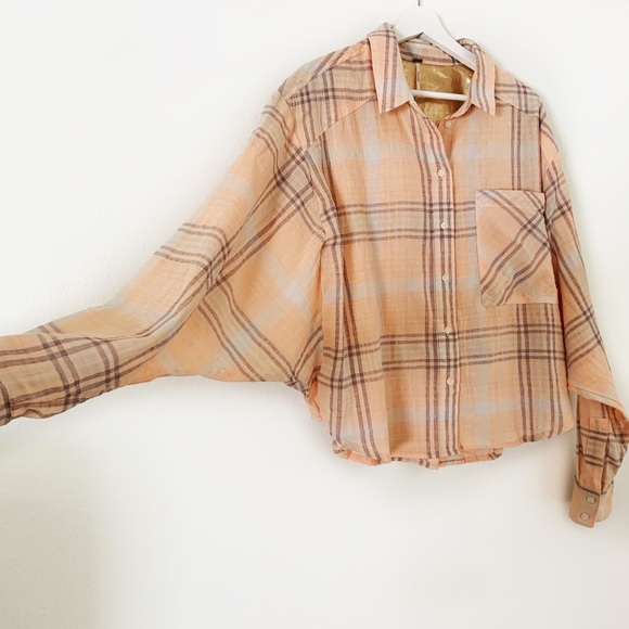 Free People Cutie Cropped Plaid Button Down Top L - Picture 3 of 9